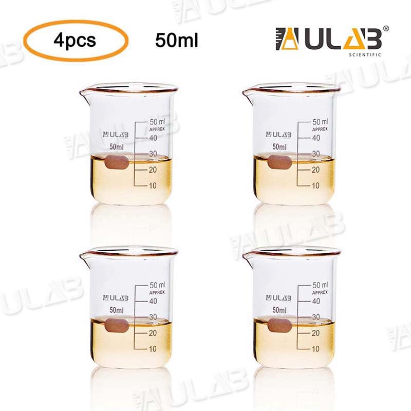 ULAB Glass Beakers Shot Glass, Vol. 50ml, 3.3 Borosilicate Griffin Low form with Printed Graduation, Pack of 4, UBG1019 - Image 2